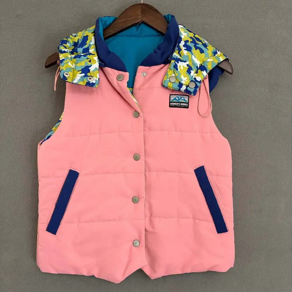 Kids' Reversible Pink & Camo Hooded‎ Puffer Vest by Worker's Garage L/XL